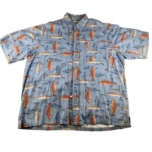 Columbia Men's Large  Blue‎ Button Down All Over Fish Print Short Sleeve READ